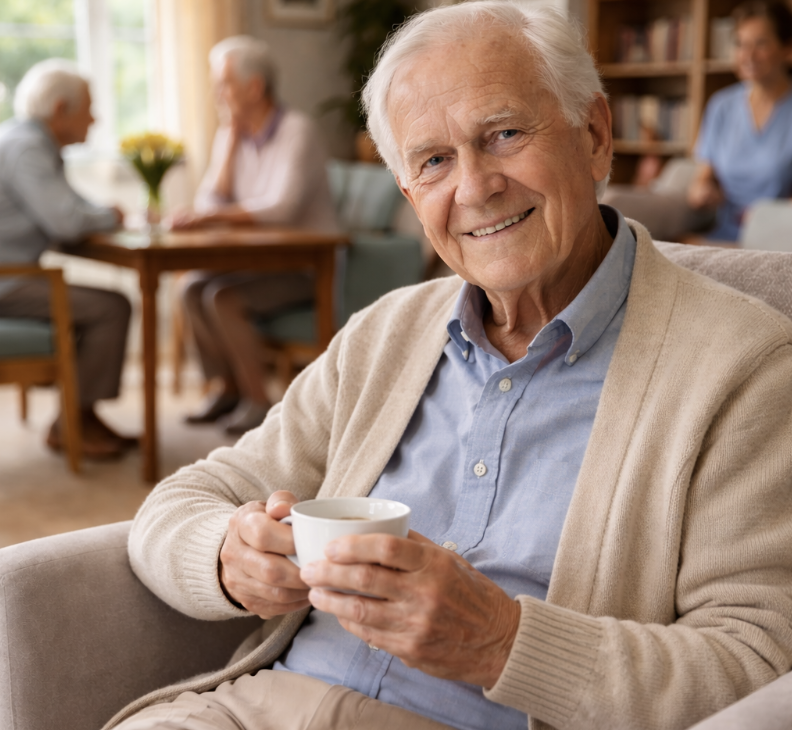 Personne âgée assise dans un espace commun de maison de repos en Belgique, illustrant l’évaluation de l’autonomie selon l’échelle de Katz